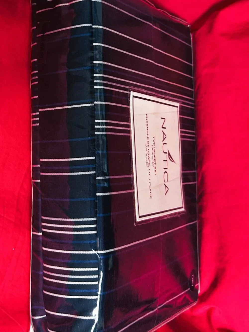 NEW~Vintage TWIN COTTON Deep Fitted Sheet Set~Nautica navy blue/white pinstripes